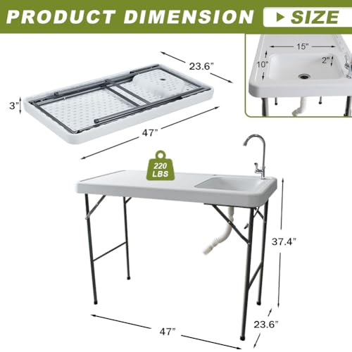 Folding Fishing Cleaning Table with Sink, 4ft Portable Foldable Camping Outdoor Table with Faucet for Picnic Camping Kitchen Gardening White