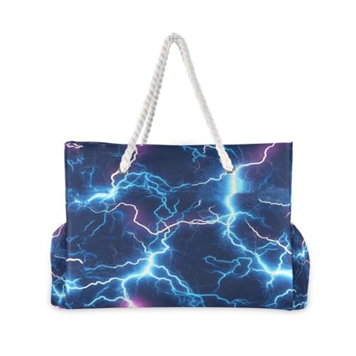 Large Beach Bags Totes Canvas Tote Shoulder Bag Blue Lightning Water Resistant Bags for Gym Travel Daily2