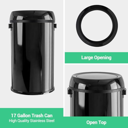 Image of Garvee 17 Gal /65 L Round Trash Can, Stainless Steel Swing Top Garbage Can for Kitchen, Heavy Duty Commercial Trash Bin with Swing Lid for Restaurant Home Office, Gloss Black