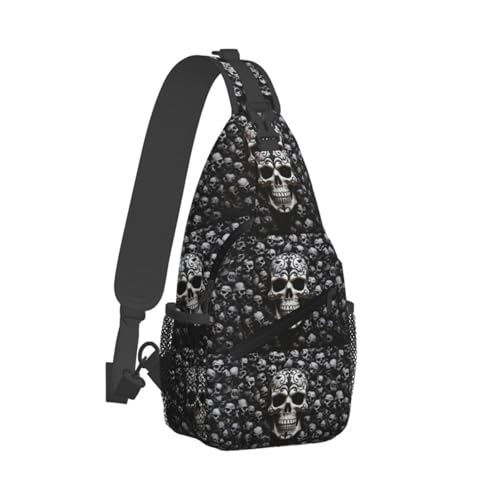 Mochila sling negra con diseño calaveras para uso urbano miniatura 1
