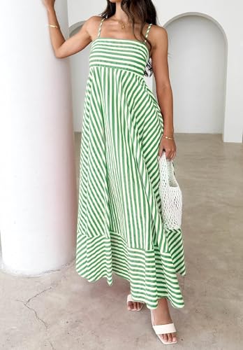 Image of Women Striped Maxi Dress Smocked Backless Spaghetti Strap Long Flowy Dress Sleeveless Boho Aline Sundress