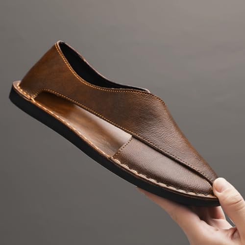 Men's Leather Dress Sandals - Summer Slip-On with Elastic Side Gores, Lightweight Sole, Non-Slip & Laser-Cut Breathable Upper - Ideal for Office, Weddings & Casual Summer Outings3