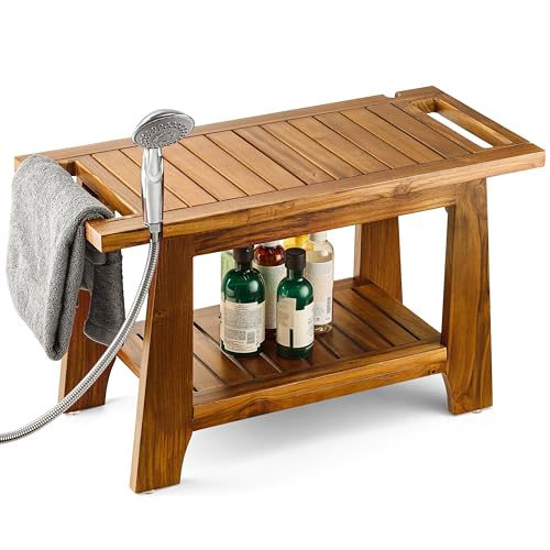 TINAMO 28' Teak Shower Benches for Inside Shower - 400 Lbs Capacity -Wooden Shower Stool Waterproof...