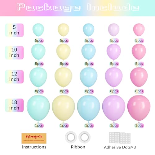 Image of Voircoloria 95pack Pastel Balloons Different Size 18 /12 /10 /5 Inch Pastel Balloon Garland Arch Kit for Graduation, Wedding, Birthday, Princess Theme, Easter, Baby Shower, Anniversary Party Decorations