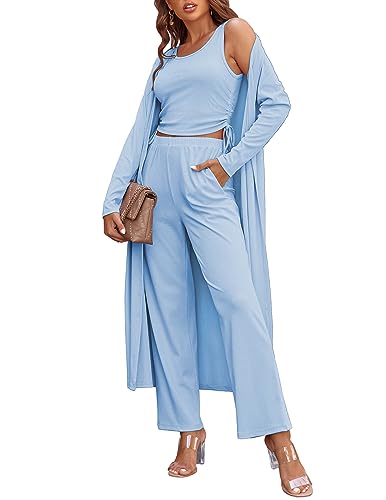Image of Ekouaer Women's 3 Piece Lounge Set Pajama Long Sleeve Cardigan Sleeveless Top Pants Sweatsuit S-XXL