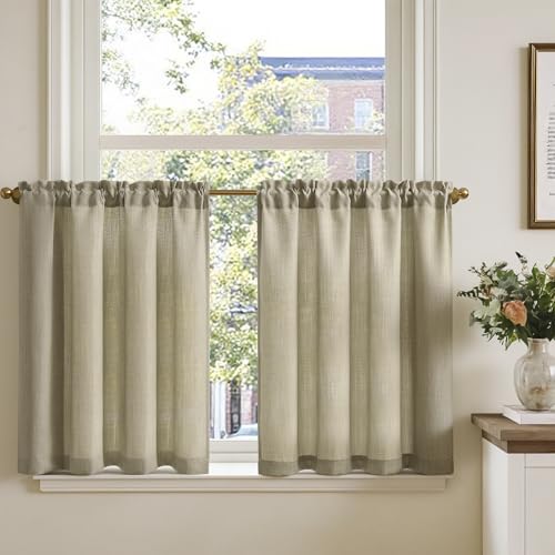 TOPICK Rideau Cuisine Petit Rideaux Court Brise Bise, Taupe 90L x 75H(cm) 2 Panneaux à Passe Tringle, pour Fenêtre Placard Meuble Bas Chambre Cache sous...