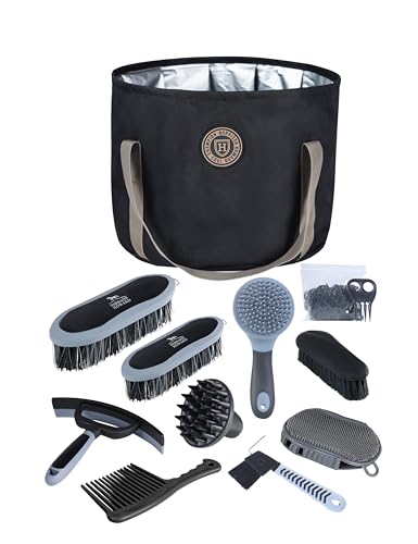 Harrison Howard Horse Grooming Kit 9-Piece Equine Care Series Horse Brush Sets with Organizer Tote Bag Black