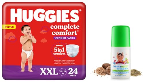 Image of Huggies Complete Comfort Wonder Pants - Double Extra Large (XXL) (24 count) & Mamaearth Easy Tummy Roll On Oil for Colic & Gas Relief with Hing & Fennel Oil - 40ml (For external use)