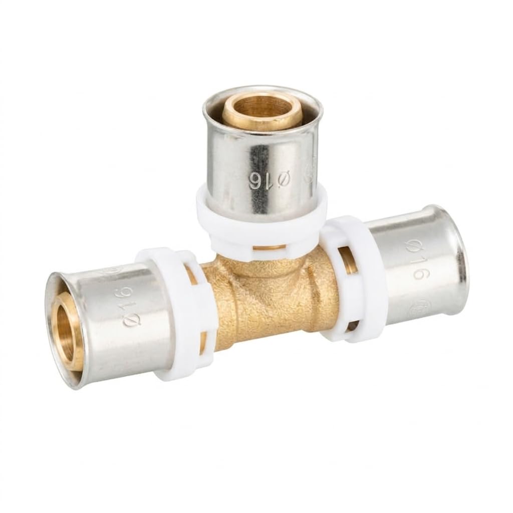 Tee uguale a crimpare multistrato Ø16 mm (profilo TH) – Raccordo di derivazione a 3 vie in ottone e anello in acciaio inox per impianto idraulico, acqua potabile e riscaldamento, confezione da 5