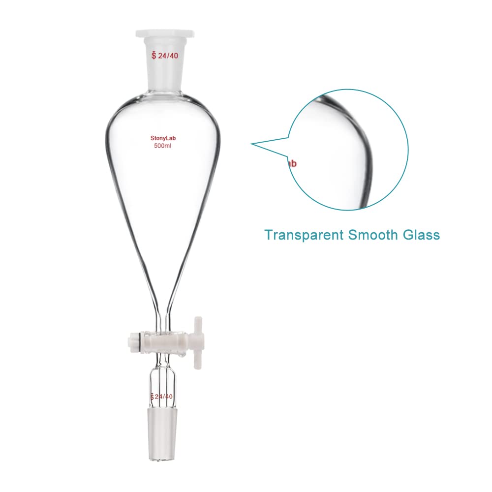 stonylab Scheidetrichter Glas, 500 ml Separatorentrichter mit PTFE-Absperrhahn Konischer Birnenförmiger Schwerwandiger Borosilikatglas Trenntrichter mit 24/40 Fugen