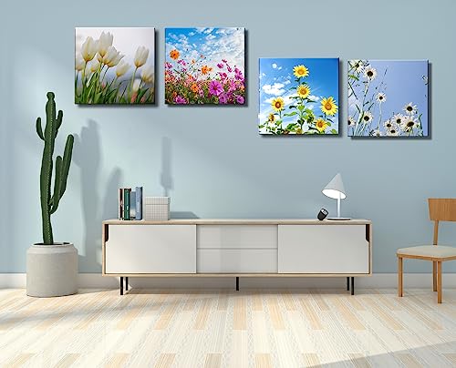 Image of Colorful Floral Canvas Wall Art for Bathroom Decor, Yellow,Purple and White Flowers Artwork Prints Modern Pictures Framed for Living Room Bedroom Office Decoration - 12 inch X 12 inchx4 Pieces