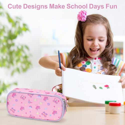 Image of Cute Kids Pencil Case - Girls Pen Pouch Large School Organizer | Pen Bag & Smooth Zipper, Multi-Slot Storage, Mesh Pocket, 900D Water Resistent, Giftable School Supplies, Pink Butterfly