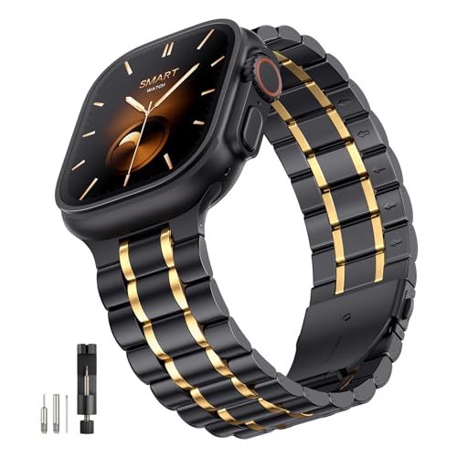 Image of Bestig Compatible with Apple Watch Bands for Men Women 40mm 38mm 41mm 42mm Series 11 10,Premium Solid Stainless Steel Metal Business Wristband Strap for iWatch Series 10 9 8 7 6 SE 5 4 3 2 1,BlackGold