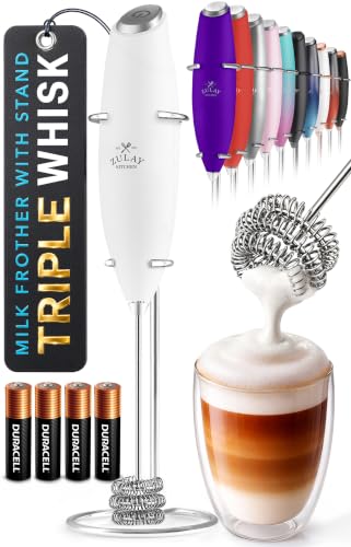 Image of Zulay Kitchen Powerful Milk Frother Wand With Duracell Batteries - Ultra Fast Handheld Drink Mixer - Electric Whisk Foam Maker for Coffee, Lattes, Cappuccino & Matcha - Triple Whisk - Luna White