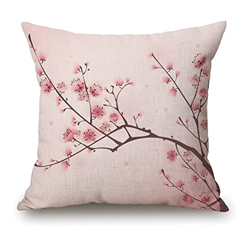 Solekla Spring Pillow Decorative Throw Pillow Cover 18x18 Inch, Pink Chinese Cherry Blossom Flower Japan Plum Branch Double Sided Square Pillow Cases Pillowcase Sofa Cushion
