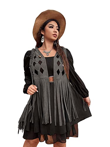 WDIRARA Women's Plus Size Cut Out Tassel Hem Vest Faux Suede Sleeveless Jacket Cardigan