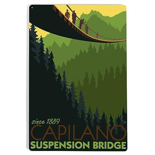 Lantern Press Vancouver, British Columbia, Capilano Suspension Bridge, 12x18 Inch Aluminum Sign, Indoor or Outdoor Use