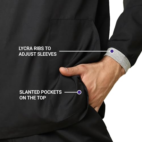 Image of KNYA Active Men's 5-Pocket Longsleeves Scrubs | Set of Top & Bottom | V Neck | Breathable Fabric | Comfortable | Durable | Uniform for Doctors, Nurses and Dentists (XL, Black)