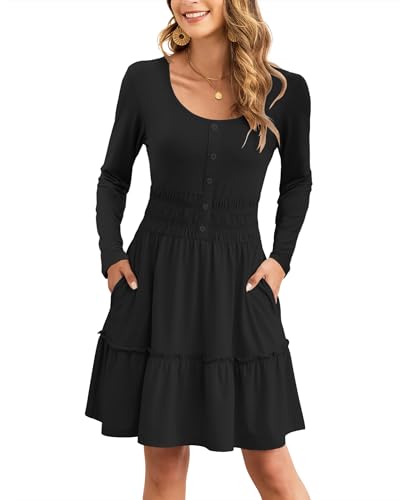 AUSELILY Women’s Button Down Long Sleeve Dress Elastic Waist Smoc...