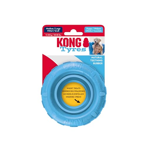 KONG Puppy Tires - Dog Chew Toy for Puppies - Stuffable Dog Toy for Treats & Snacks - Natural Rubber Chew Toy for Teething Puppy - for Medium/Large Puppies - Randomly Provided Color