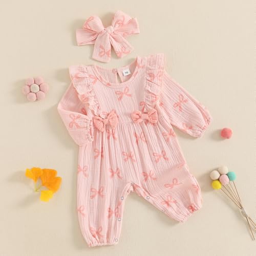 Infant Baby Girl Outfit Smocked Linen Ruffle Bubble Romper One Piece Strawberry Bow Printed Ruffle Jumpsuit Headband2