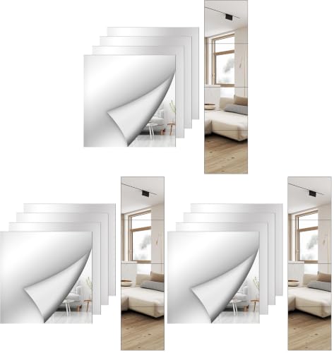 Image of Shiftshade 12 Pack Wall Mirror Full Length, 12 x 12 Inch Acrylic Mirror Tiles, Shatterproof Flexible Plastic Mirror Sheets for Bedroom Home Gym Door