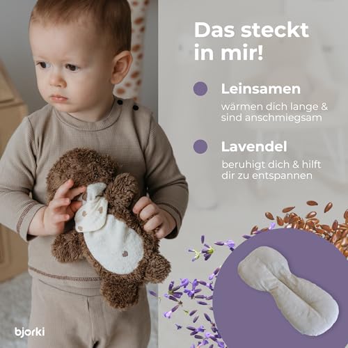 BJORKI Wärmekissen Baby & Kinder - Kuscheltier Wärmekissen mit Leinsamen Füllung für die Mikrowelle - Perfekt als Schlummer Kuscheltier und beruhigendes Kuschelkissen für Wärme & Wohlbefinden