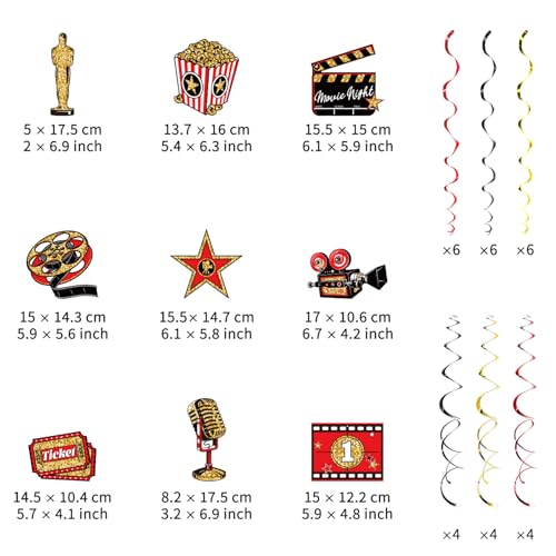 Image of Movie Night Hanging Swirl Set Party Decorations, 48 Pcs, Hollywood Theme with Popcorn Trophy Microphone Film Reel Party Supplies Sign, Red Black Gold