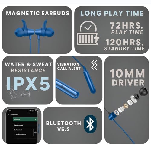 Image of Bluetooth Neckband Headphones, Fast Charge, deep bass, sweatproof Sports, Magnetic, Long Battery, Voice Assistant Support, Wireless in-Ear Headset with mic (Blue Wave)