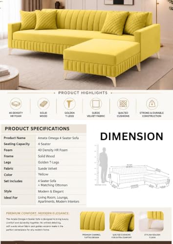 Image of AMATA Falcon 4 Seater L Shape Suede Velvet Fabric Yellow Colour Sofa Set with Two Cushions Perfect for Home Office Guests Living Room (Falcon Yellow Blue, Falcon 4 Seater l Shape)(3 Year Warranty)