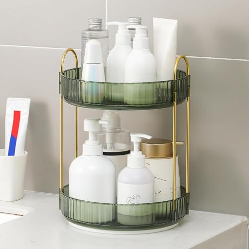Image of Xmart India 360 Rotating Makeup Organizer - Transparent Cosmetic & Skincare Storage Rack for Dressing Table Lipstick, Perfume, Beauty Accessories & Bathroom Counter Organizer (2 Layer, Green)