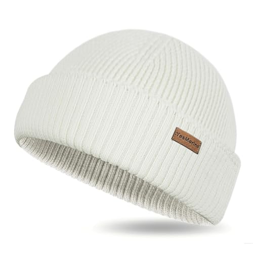 100% Merino Wool Fisherman Beanie for Men Women, Short Knit Cuff Trawler Winter Hat, Warm Soft Outdoor Gift Beige