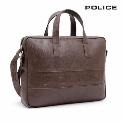 Image of Police 14 Inch Laptop Briefcase for Men | Premium Textured Leather Office Bag with Padded Laptop Compartment | Branded Adjustable Shoulder Strap | Professional Business Messenger Bag | Brown