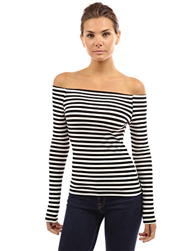 Preisvergleich Produktbild PattyBoutik Damen Langarm-Shirt, schulterfrei Schwarz schwarz und weiß Small