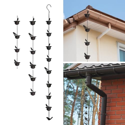 Image of Decorative Bird Rain Chain 60cm | Iron Rain Gutter Downspout Chain for Roof, Shed, Patio, Gazebo & Garden | Rainwater Catcher | Dark Bronze