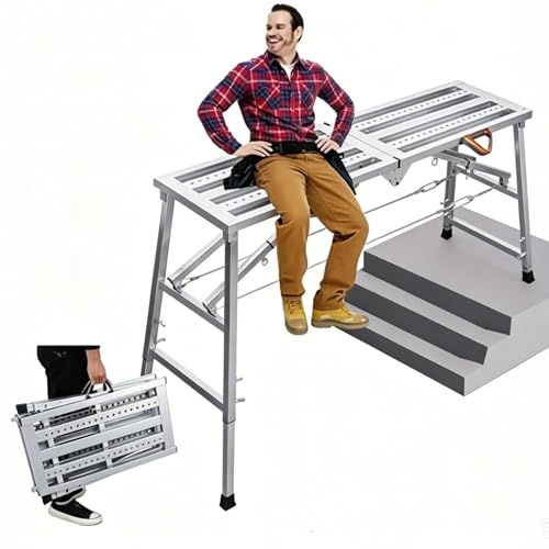 Image of Portable Folding Scaffold Work Platform, Height Adjustable Carbon Steel Step Bench, 400KG Load Capacity, Multifunctional Ladder Stool for Car Washing Painting RV Cleaning (140cm)