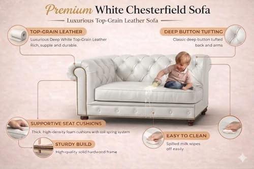 Image of Modern Classic Design Leatherette Luxury Chester Sofa Set with Button Tufted, Sofa for Living Room Home, Office and Lobby (White, 1 Seater Sofa)