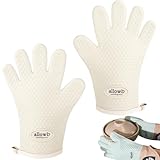 耐熱ミトン オーブンミトン 鍋つかみ 耐熱グローブ オーブングローブ 300℃耐熱 なべつかみ シリコン やけど防止 5本指 両手用2枚セット お鍋 料理教室 バーベキュー アウトドア (通常型, クリーム)