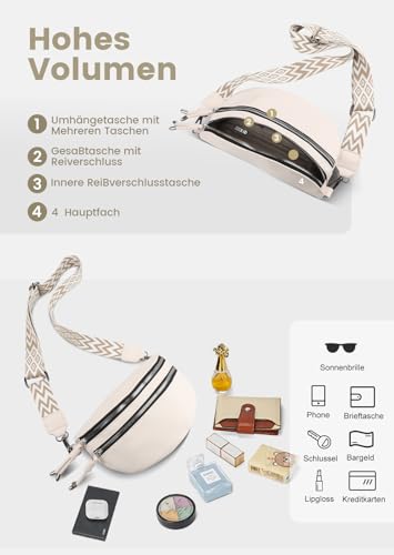 Umhängetasche Damen Leder, Crossbody Bag Breiter Gurt Stylisch Bauchtasche Damen mit 3 Fächern, Klein PU Leder Handtasche Damen Umhängetasche mit Breitem Schultergurt Elegante – Bild 4