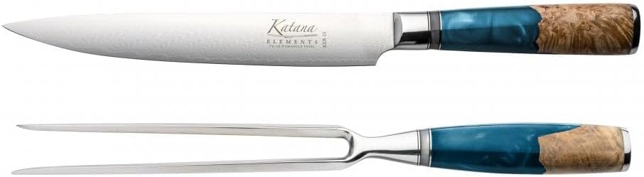 Grunwerg- Katana Elements 2 Piece Carving Knife and Fork Set With Wooden Box, Premium VG-10 Damascus Steel Blades, Olivewood Resin Handle, Ocean Blue