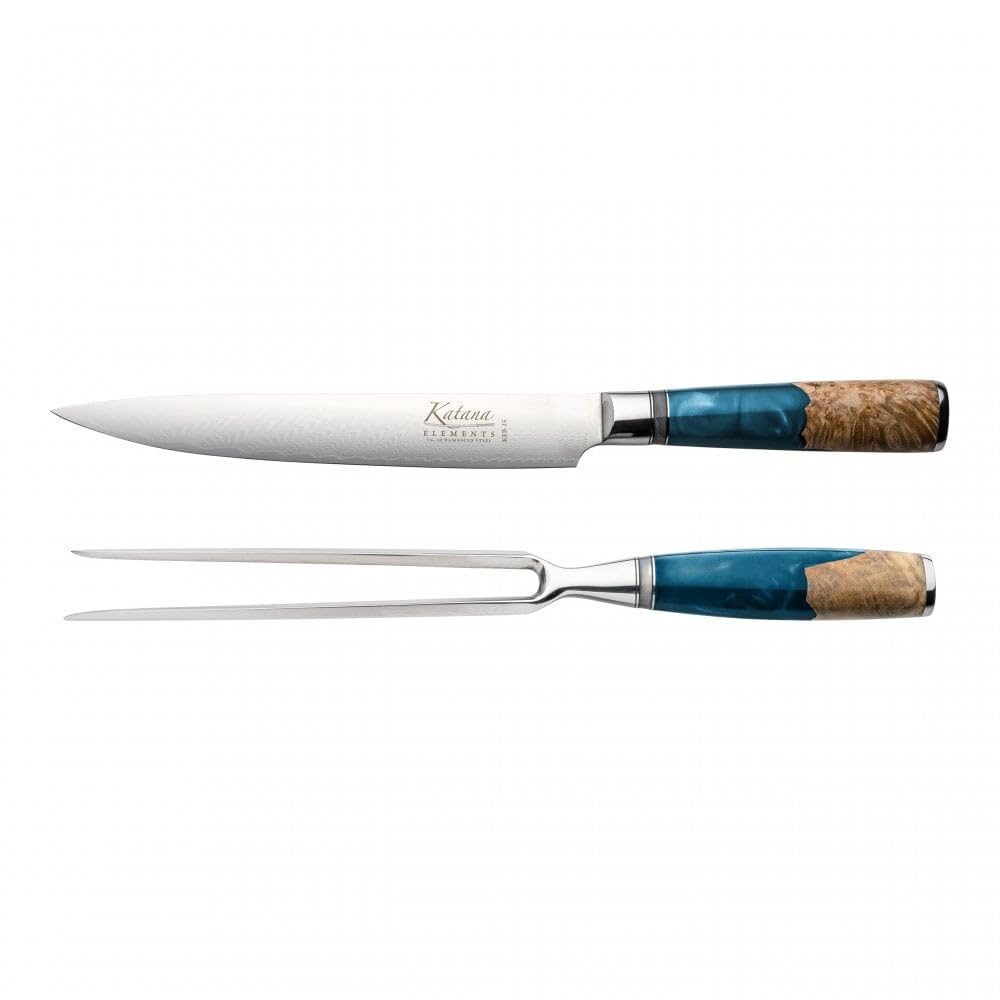 Grunwerg- Katana Elements 2 Piece Carving Knife and Fork Set With Wooden Box, Premium VG-10 Damascus Steel Blades, Olivewood Resin Handle, Ocean Blue
