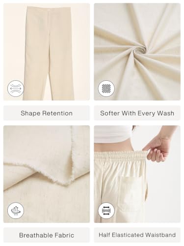 Image of SAADAA Women's Airy Linen Straight Pants | Regular Fit Trousers | Half Elasticated with Drawstrings & Buttons | 4 Pockets | Everyday & Office Wear