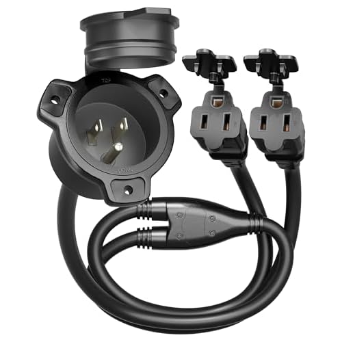 DEWENWILS 15 Amp RV Shore Power Inlet Socket, Dual 125V AC Port Plug Integrated 18 Inch 2-Way Waterproof Extension Cord, NEMA 5-15P to NEMA 5-15R, 14AWG SJTW Cord, Trailer Plug Boat Marine, 