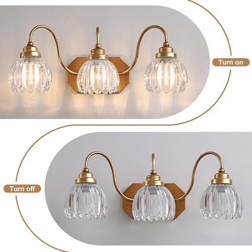 Image of Vintage Gold Bathroom Light Fixtures, 3 Light Clear Tulip Crystal | Brushed Gold Vanity Lights,Matte Antique Brass Finish, Mid Century Style,Wall Sconces for Bedroom,Hallway, Easy to Install