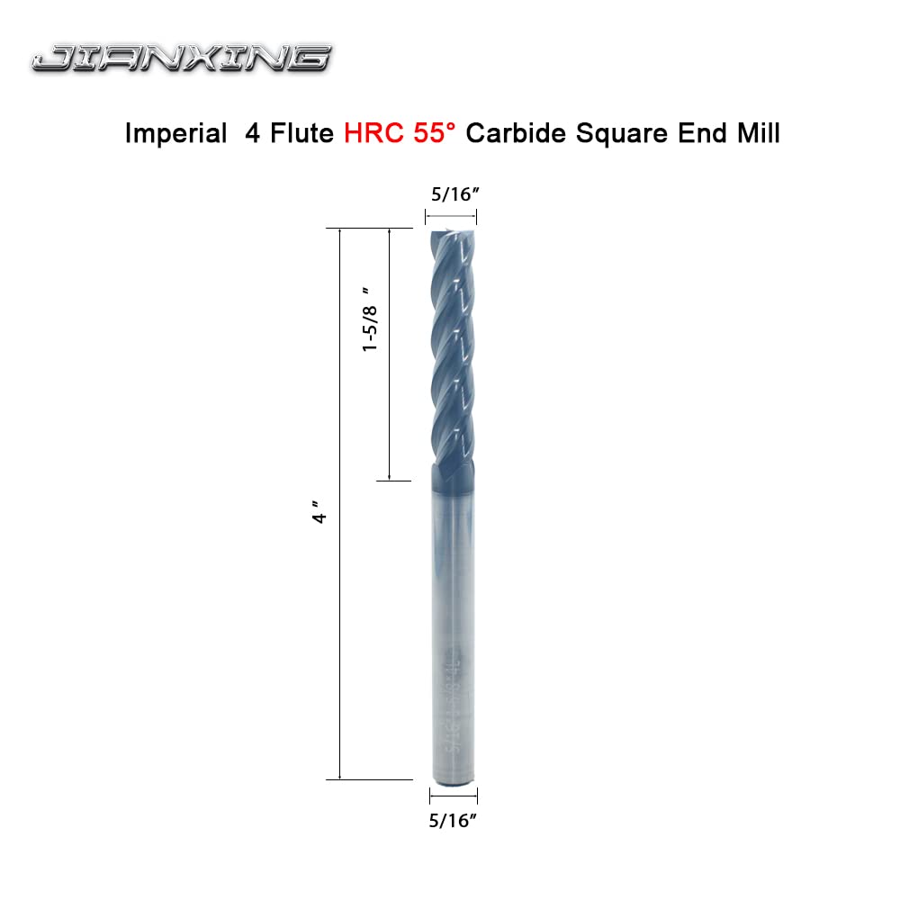 5/16" Extra Long Carbide Square End Mill for Alloy Steels/Hardened Steels, 4" Overall Length End Mill Bits, 4 Flute HRC 55 Deg AlTiN Coating, CNC Router Bits (1 Pc)