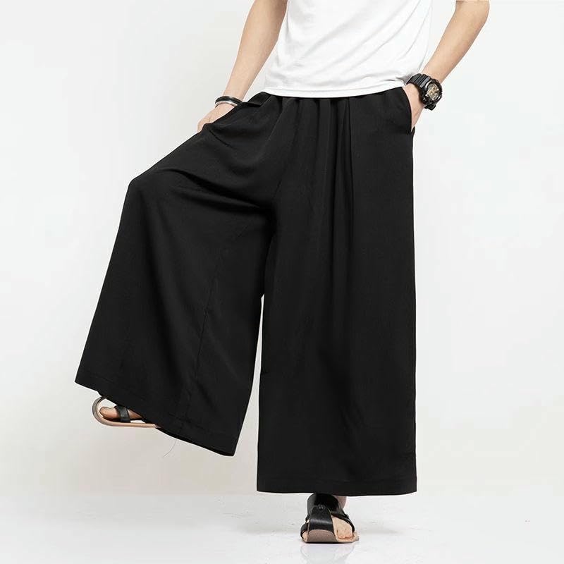 Men's Summer Traditional Loose Straight Versatile Thin Casual Flared Cropped Culottes Chinese Style Long Pants2
