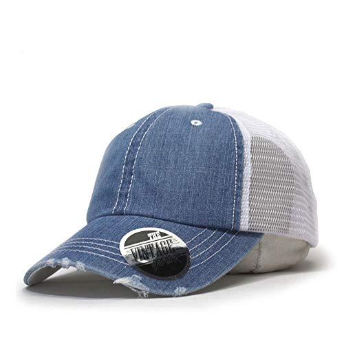 The Vintage Year Washed Cotton Low Profile Mesh Adjustable Trucker Baseball Cap (Distressed Denim Blue)