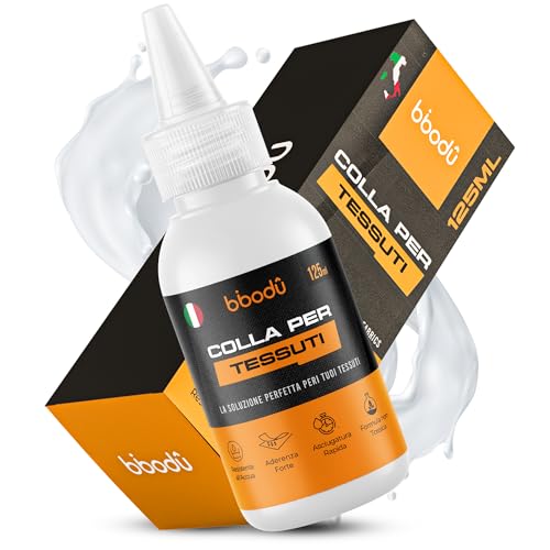 BIBODU 125 ml Colla per Tessuti Resistente ai Lavaggi | Colla Tessuti Extra-Forte Trasparente & Impermeabile | Perfetto per Abbigliamento, Tessuti, Toppe e Auto