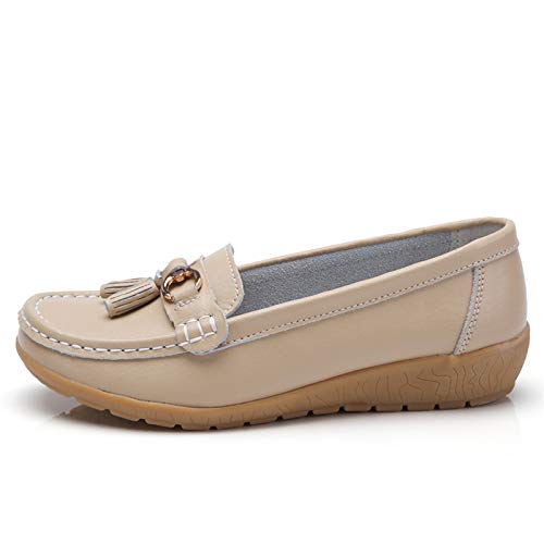 Image of Women Loafers Leather Rubber Sole Slip On Walking Flats Casual Moccasin Boat Shoes