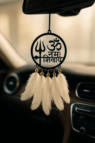 Image of Handmade Dream Catcher Car Ornament - Stylish Rear View Mirror Hanging Accessory - Elegant Car Interior Decoration - Good Luck & Positive Energy Charm (1, Mantra of Lord Shiva)
